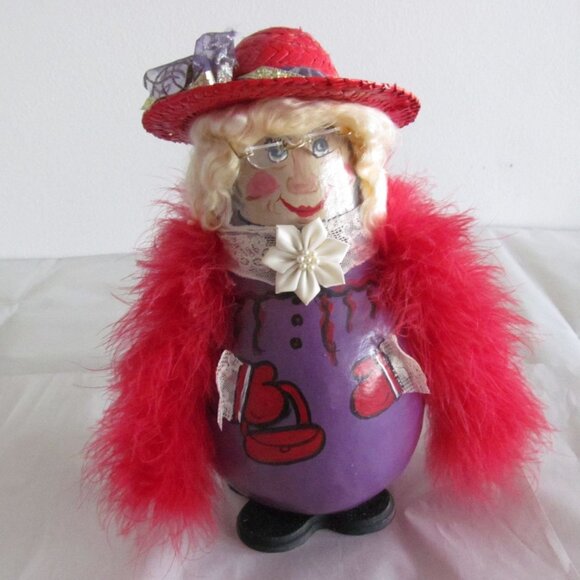 Handcrafted Red Hat Society Lady with Feather Boa Decorative Doll Gourd Figure - Picture 1 of 11